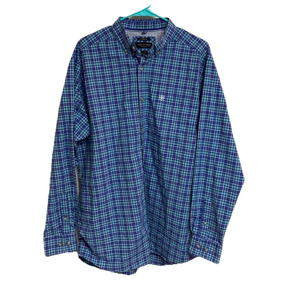 Men's Ariat Pro Series Stretch Classic Fit LS Buttonup Shirt Blue Plaid Size L - Picture 1 of 9